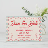 Red Script Blue Lines Retro QR Code Save the Date Einladung (Stehend Vorderseite)