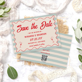 Red Script Blue Lines Retro QR Code Save the Date Einladung