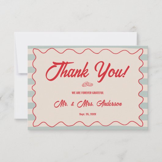 Red Script Blue Lines Retro Wedding Photo Dankeskarte (Vorderseite)