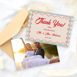Red Script Blue Lines Retro Wedding Photo Dankeskarte