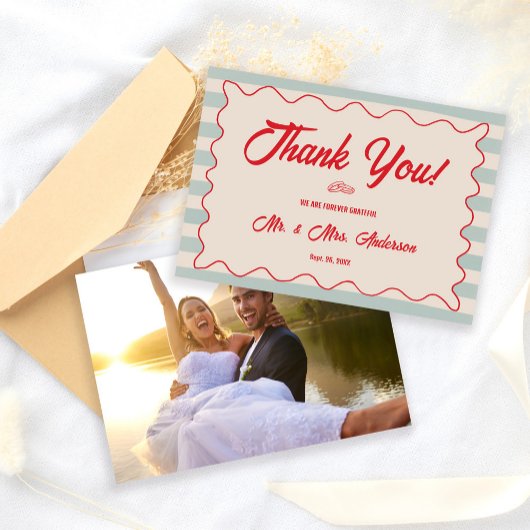Red Script Blue Lines Retro Wedding Photo Dankeskarte
