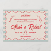 Red Script Blue Lines Retro Wedding Save the Date Einladung (Vorderseite)