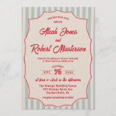 Red Script Blue Stripe Retro QR Code Photo Wedding Einladung (Vorderseite)