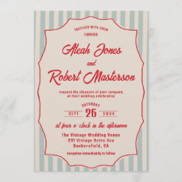 Red Script Blue Stripe Retro QR Code Photo Wedding Einladung