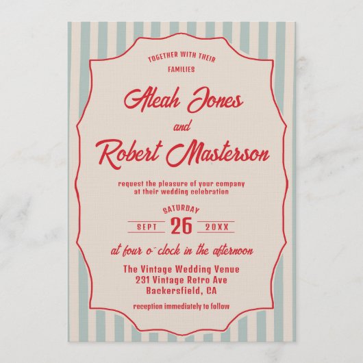 Red Script Blue Stripe Retro QR Code Photo Wedding Einladung (Vorderseite)