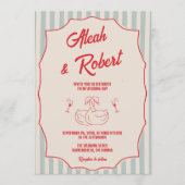 Red Script Blue Stripes QR Code Retro Wedding Einladung (Vorderseite)