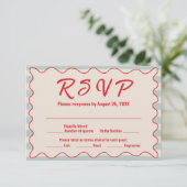Red Script Blue Stripes QR Code Retro Wedding RSVP Karte (Stehend Vorderseite)