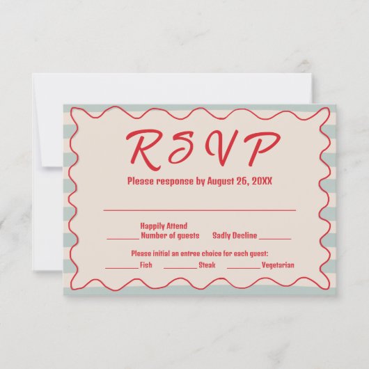 Red Script Blue Stripes QR Code Retro Wedding RSVP Karte (Vorderseite)