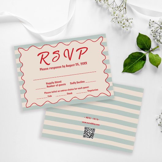 Red Script Blue Stripes QR Code Retro Wedding RSVP Karte
