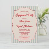 Red Script Blue Stripes Retro Photo Engagement Einladung (Stehend Vorderseite)