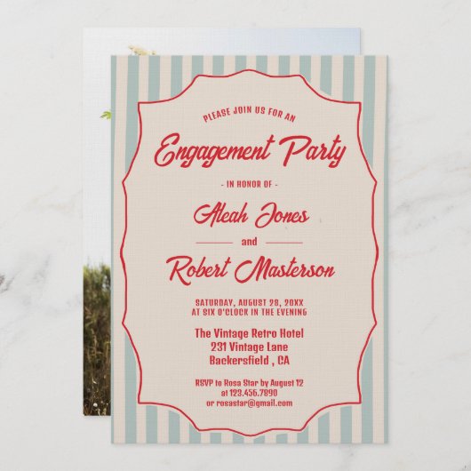 Red Script Blue Stripes Retro Photo Engagement Einladung (Vorne/Hinten)