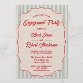 Red Script Blue Stripes Retro Photo Engagement Einladung (Vorderseite)