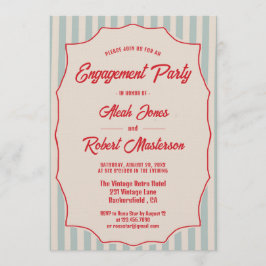 Red Script Blue Stripes Retro Photo Engagement Einladung
