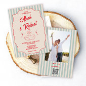 Red Script Blue Stripes Retro Photo Wedding Einladung