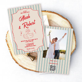 Red Script Blue Stripes Retro Photo Wedding Einladung
