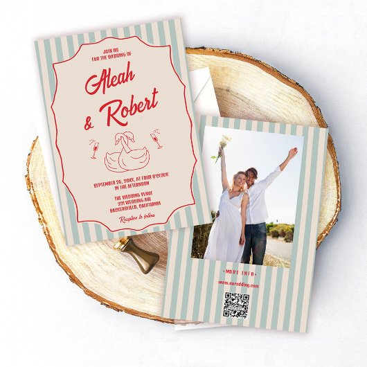 Red Script Blue Stripes Retro Photo Wedding Einladung