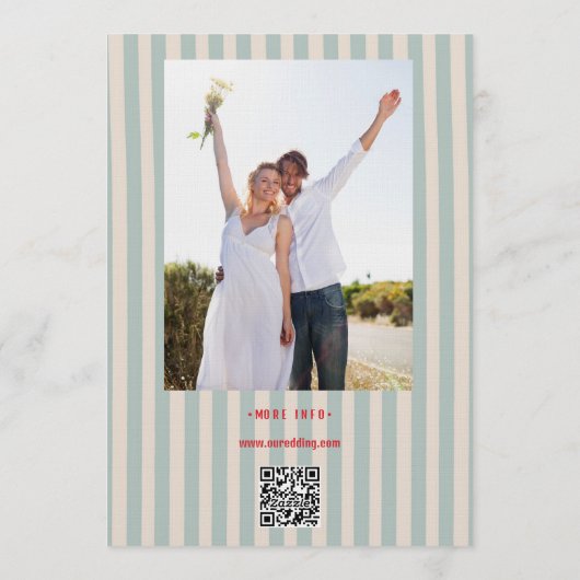 Red Script Blue Stripes Retro Photo Wedding Einladung (Rückseite)