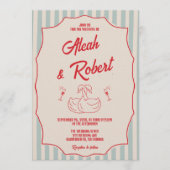 Red Script Blue Stripes Retro Photo Wedding Einladung (Vorderseite)