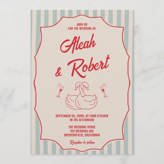 Red Script Blue Stripes Retro Photo Wedding Einladung (Vorderseite)