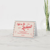 Red Script Blue Stripes Retro Wedding Dankeskarte (Vorderseite)