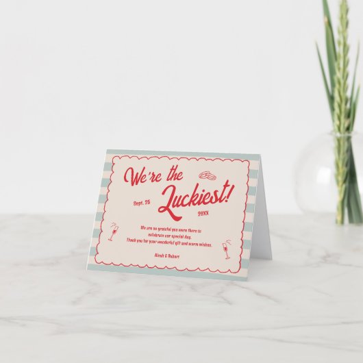 Red Script Blue Stripes Retro Wedding Dankeskarte (Vorderseite)