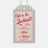 Red Script Blue Stripes Retro Wedding Geschenkanhänger (Vorderseite)