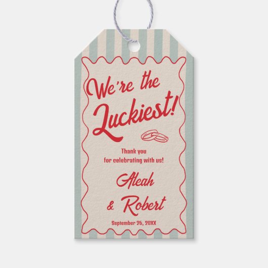 Red Script Blue Stripes Retro Wedding Geschenkanhänger (Vorderseite)