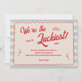 Red Script Blue Stripes Retro Wedding Photo Dankeskarte (Vorderseite)