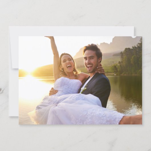 Red Script Blue Stripes Retro Wedding Photo Dankeskarte (Rückseite)