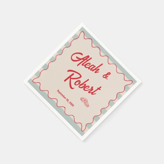 Red Script Blue Stripes Retro Wedding Serviette (Ecke)