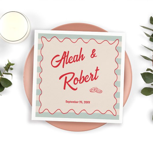 Red Script Blue Stripes Retro Wedding Serviette