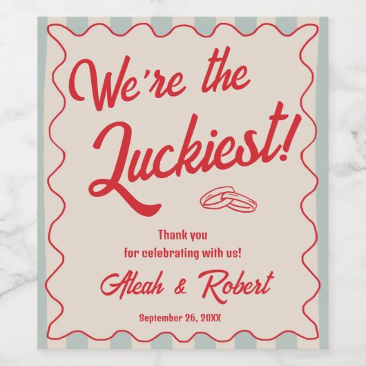 Red Script Blue Stripes Retro Wedding Weinetikett (Einzelnes Label)