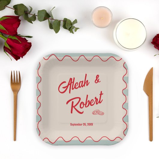 Red Script Blue Stripes Vintage Retro Wedding Pappteller