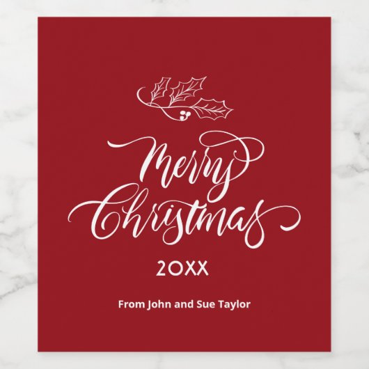 Red Script Calligraphy Frohe Weihnachten Weinetikett (Einzelnes Label)