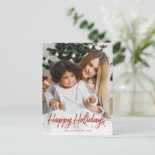 Red Script Einzigartiges Foto Happy Holidays Weihn Postkarte (Stehend Vorderseite)