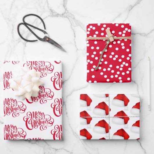 Red Script Frohe Weihnachten, Punkte & Weihnachtsm Geschenkpapier Set (Vorderseite)