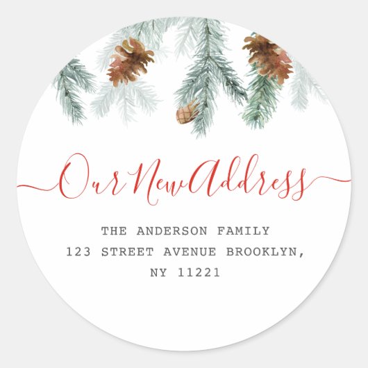 Red script holiday moving announcement runder aufkleber (Vorderseite)