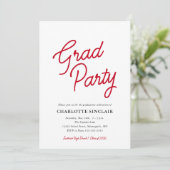 Red Script Simple Budget Grad Party Einladung (Stehend Vorderseite)