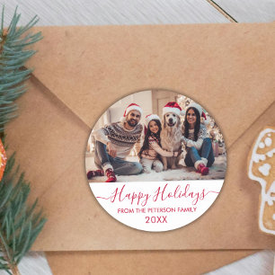 Red Script White Family Foto Happy Holidays Runder Aufkleber