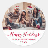 Red Script White Family Foto Happy Holidays Runder Aufkleber (Vorderseite)