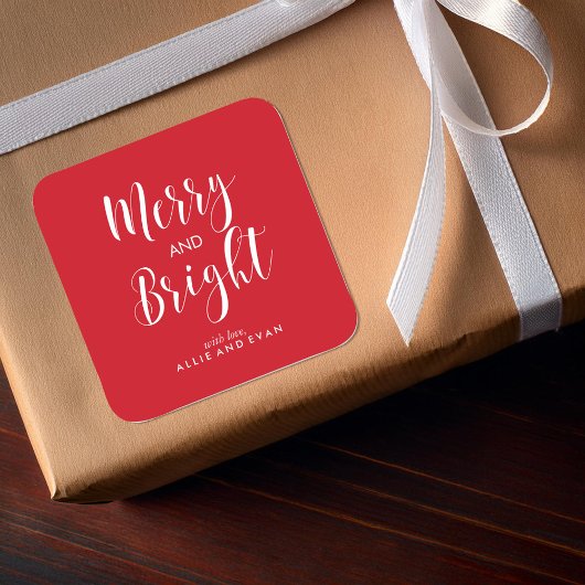Red Scripted Merry and Bright Quadratischer Aufkleber