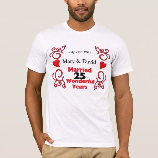 Red Scroll & Hörnamen & Datum 25 Jahre Jubiläum T-Shirt (Vorderseite)