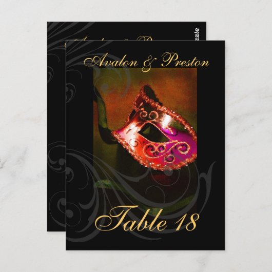 Red Scroll Masquerade Table Platzkarte Postkarte (Vorne/Hinten)