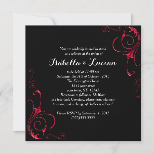 Red Scroll Moderne Goth Wedding Einladungen (Vorderseite)