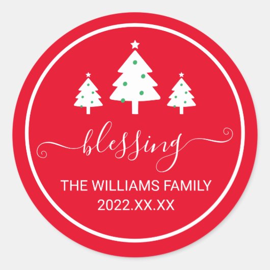 Red Segen Weihnachtsbäume Name Runder Aufkleber (Vorderseite)