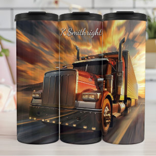 Red Semi Truck Blazing Sunset Thermosbecher