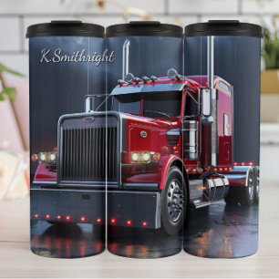 Red Semi Truck Night Reflections Thermosbecher