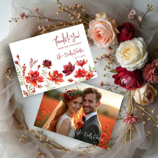 Red Shades Romantic Floral Wedding Back Photo Dankeskarte