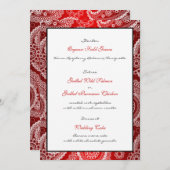 Red Shimmer Satin White Lace Paisley Menü Card Menükarte (Vorne/Hinten)