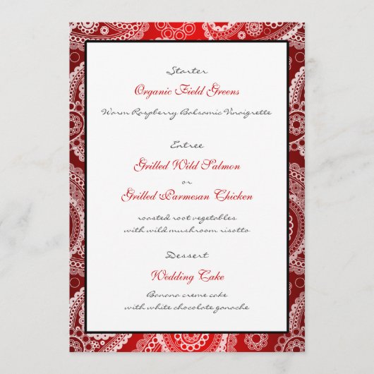 Red Shimmer Satin White Lace Paisley Menü Card Menükarte (Vorderseite)